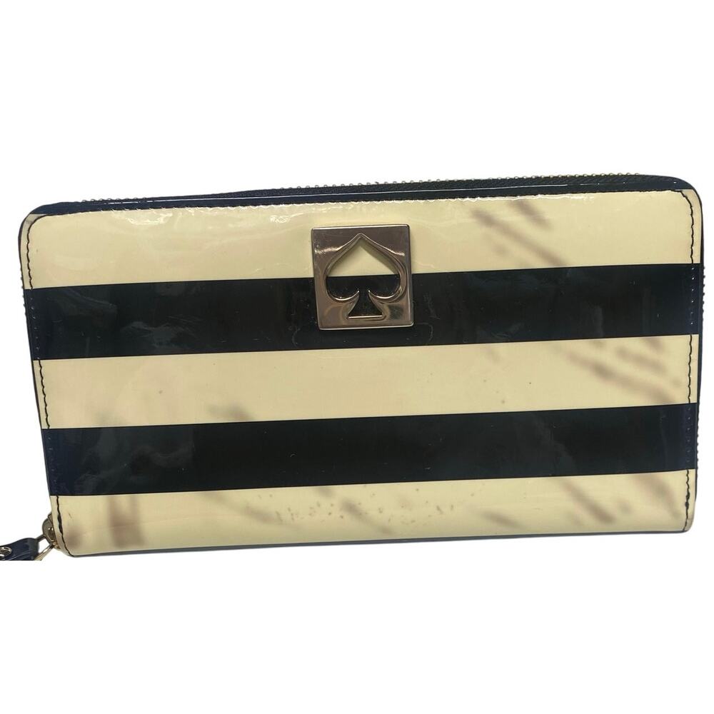 KATE SPADE "Neda Penn Valley" Patent Zip Around Expandable Wallet, Cream/Black